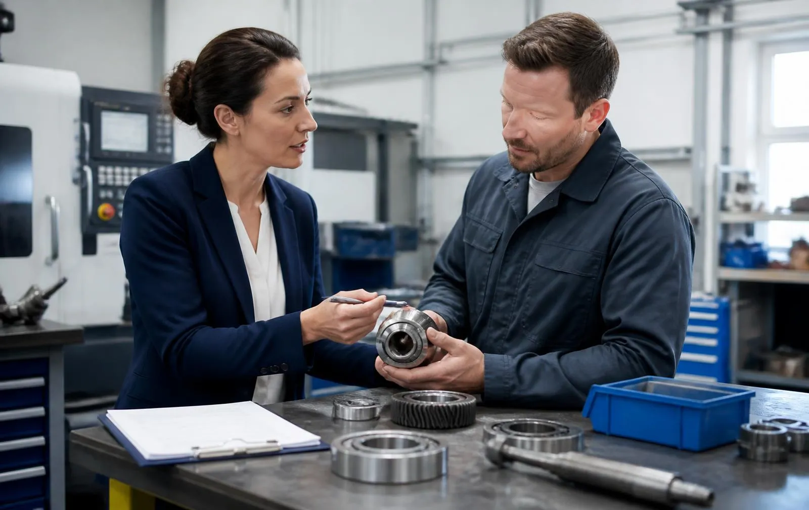 An operations coordinator and a maintenance colleague discussing replacement mechanical components at a workbench