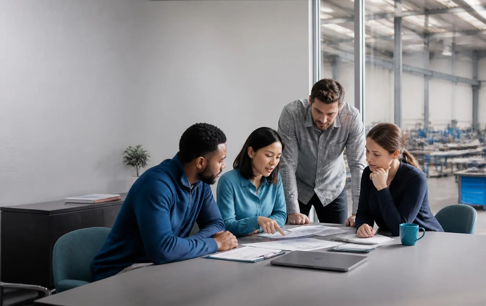 A small team reviewing purchasing paperwork together at a meeting table