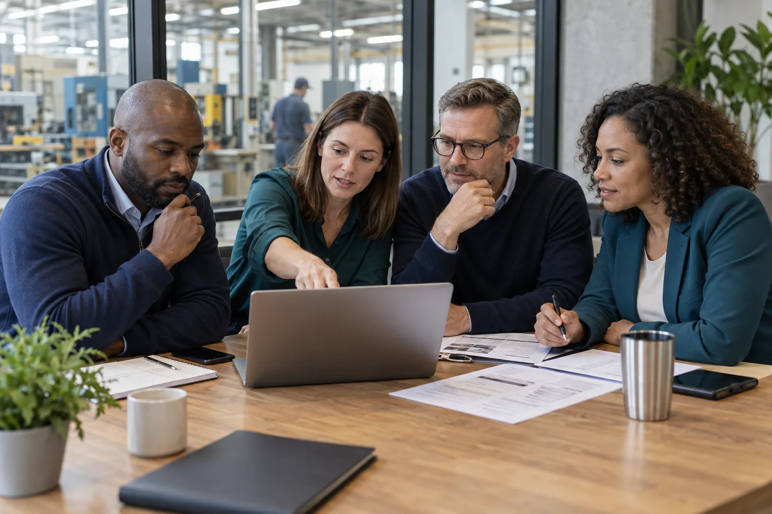 Illustrative purchasing team reviewing supplier documents and a laptop together beside a workshop